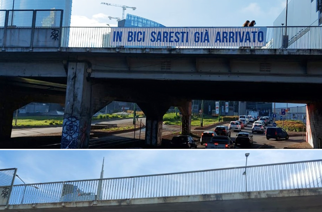 Lo striscione “In bici saresti già arrivato” è stato rimosso, ma il messaggio è passato