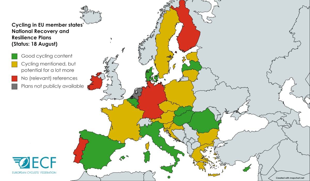 Mappa ECF ciclabilità in Europa con investimenti dei diversi Paesi per la bici
