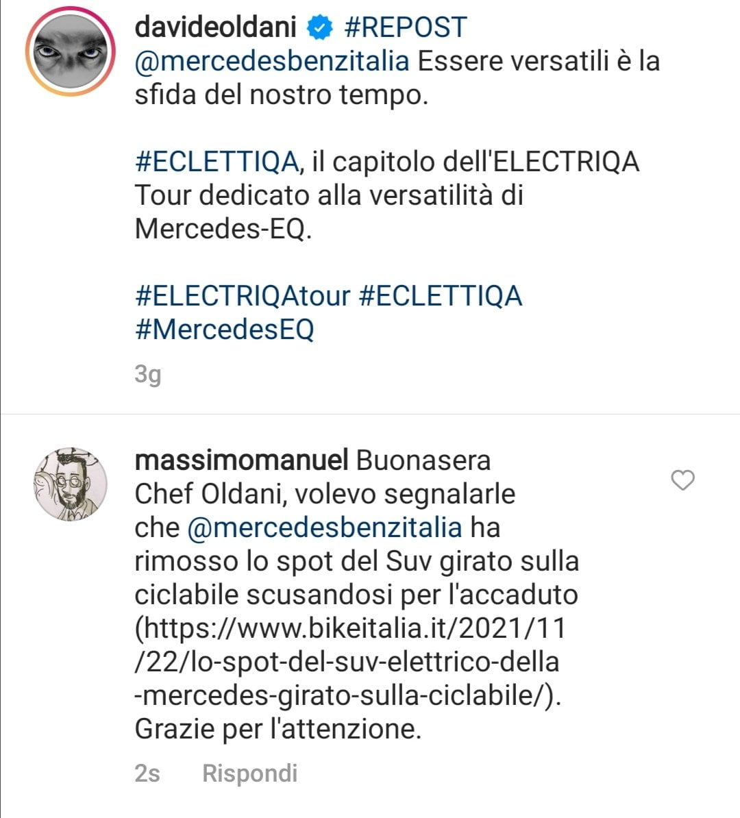 Davide Oldani Suv Mercedes ciclabile Instagram