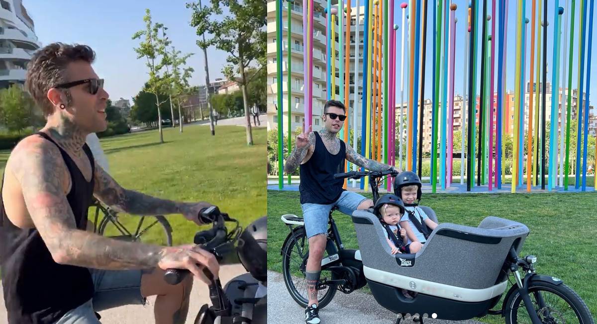Fedez in cargo bike con i figli