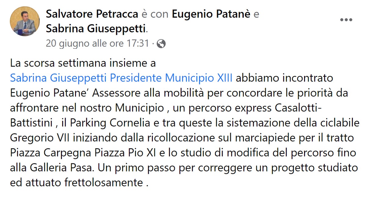 Post FB assessore Salvatore Petracca