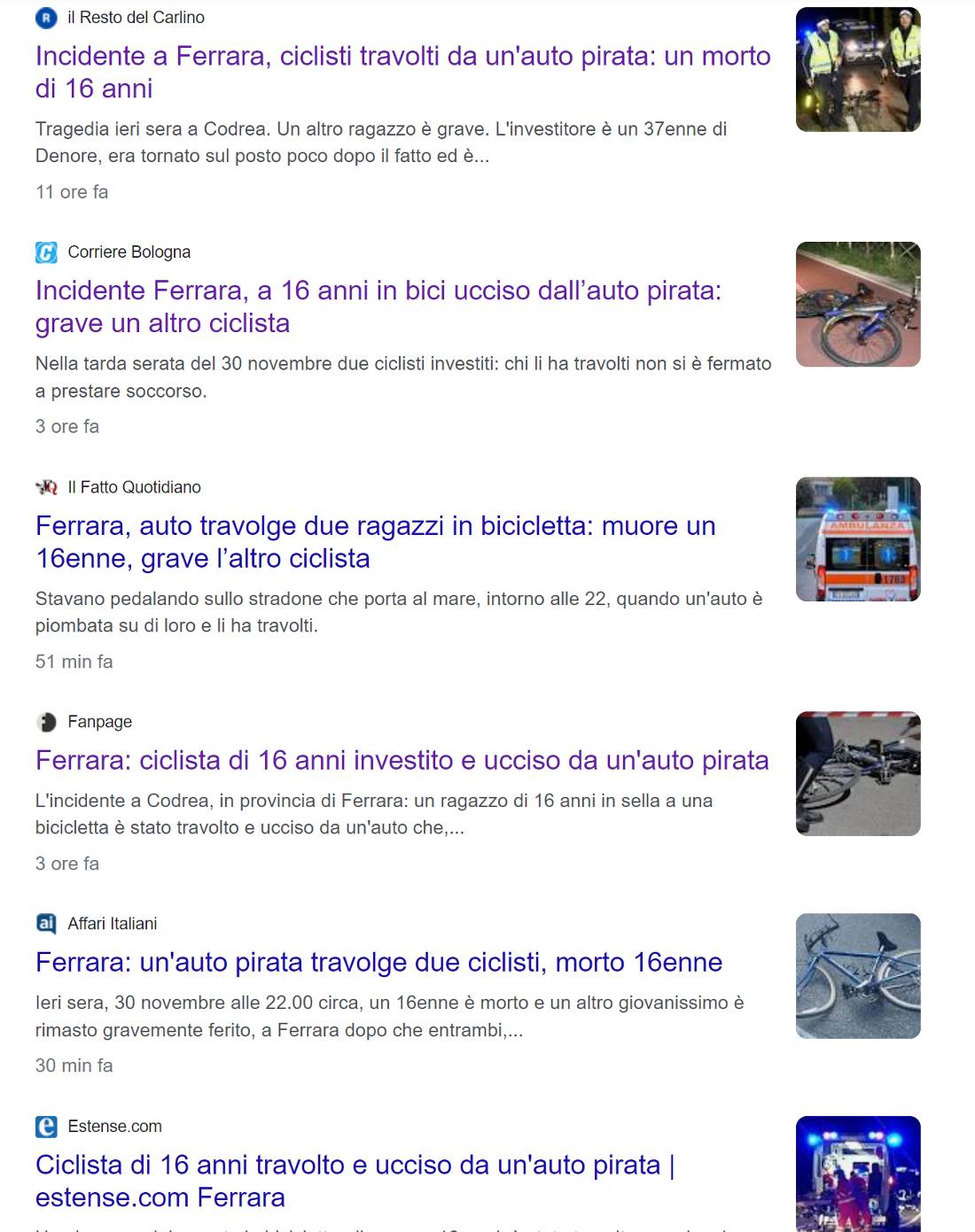 Violenza stradale titoli giornali Ferrara ciclisti investiti auto pirata