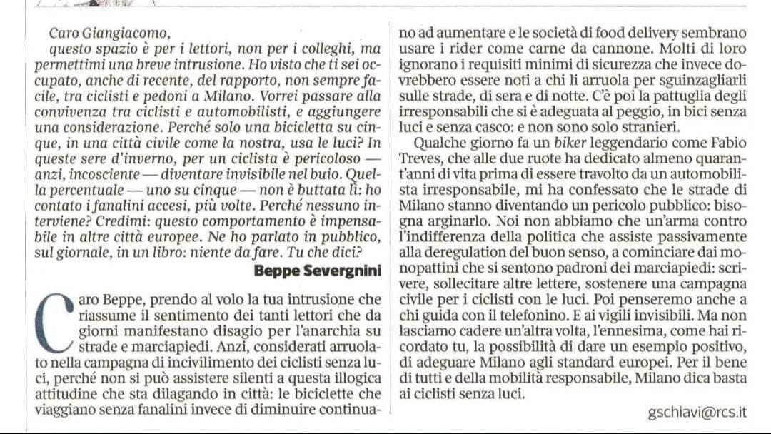 lettera severgnini ciclisti senza luci