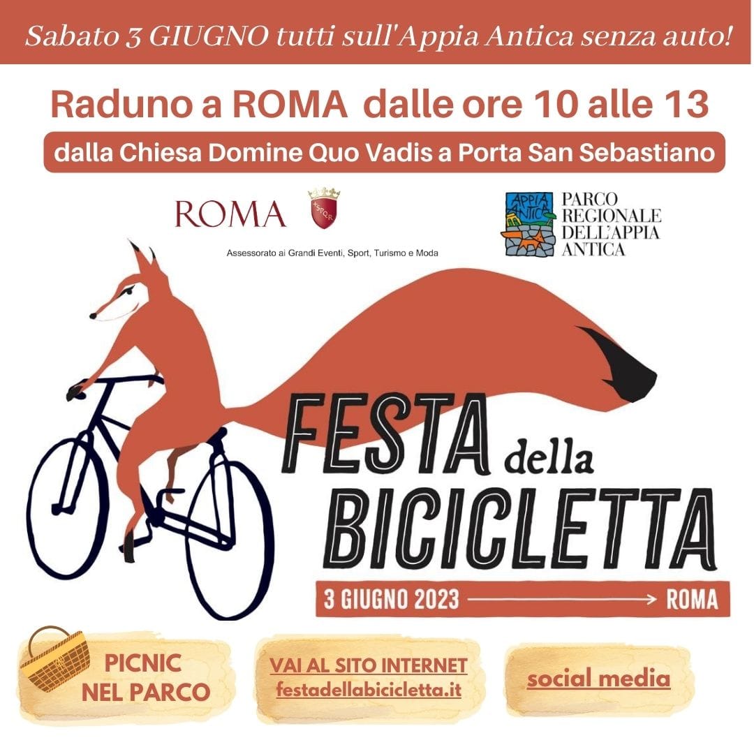 Appuntamento Festa della Bicicletta Roma Appia Antica 3 giugno Giornata Mondiale della Bicicletta