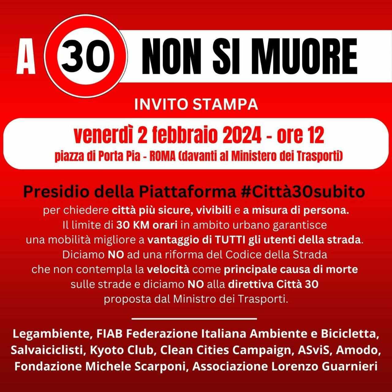 A 30 non si muore presidio al Ministero dei Trasporti contro la direttiva Salvini sulla Città 30