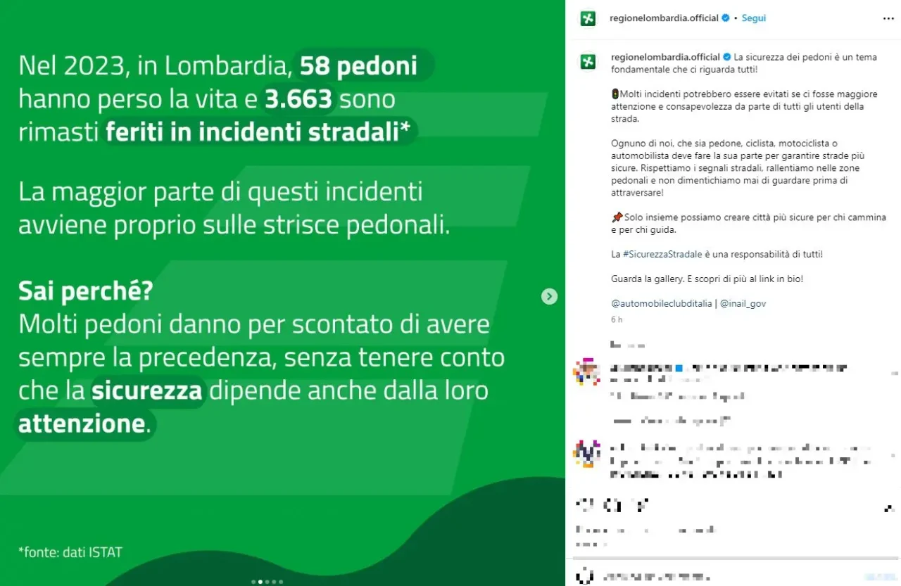 Regione Lombardia post contro pedoni sicurezza stradale