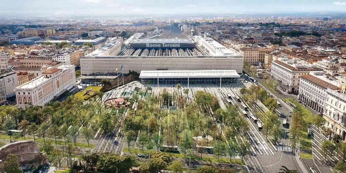 Rendering Stazione Termini bosco urbano e bike hub in Piazza dei Cinquecento